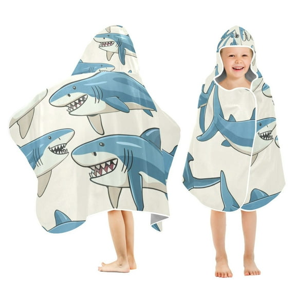 Shark on Beige Kids Hooded Beach Towel Baby Bath Poncho Towels with Hood Absorbent 50"x23.5" for Pool Swimming