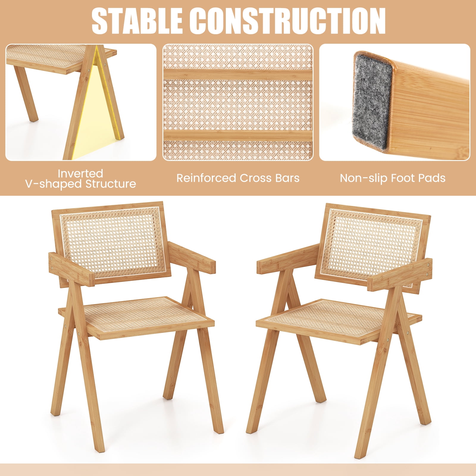 Costway Set of 4 Rattan Accent Chairs Mid Century Dining Armchair Bamboo Frame Kitchen Natural
