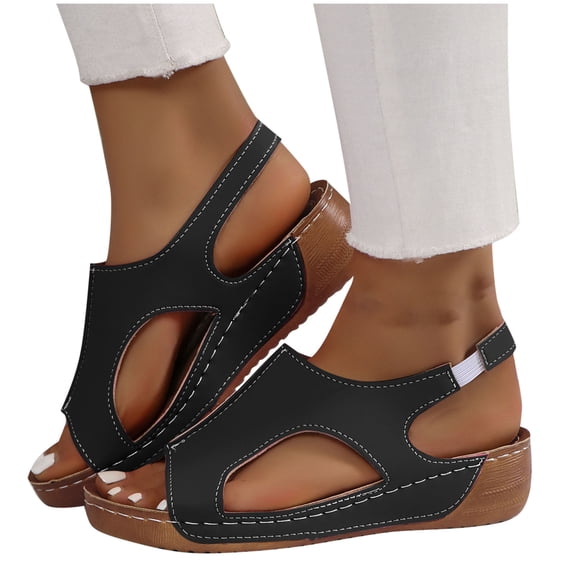 THDHVS Black Sandals Women, Women's Fashion Casual Woven Spring and Summer Breathable Flat Thick-Soled Sandals Black 10
