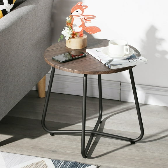 VECELO Metal Round Side End Table, Modern Nightstand for Bedroom/Living Room/Office, Brown