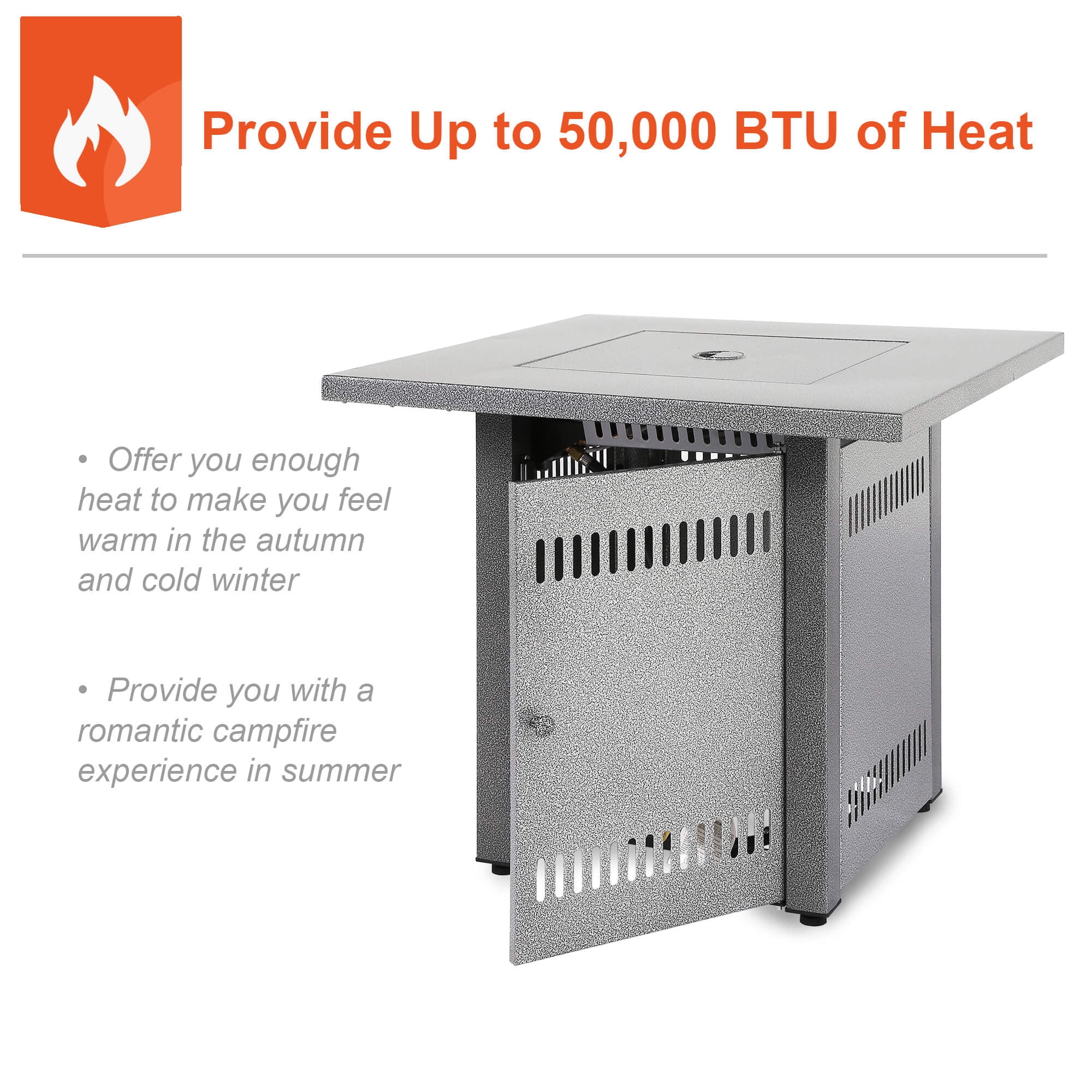 LEGACY HEATING 28IN 50000BTU Square Fire Pit, Hammered Silver Finish