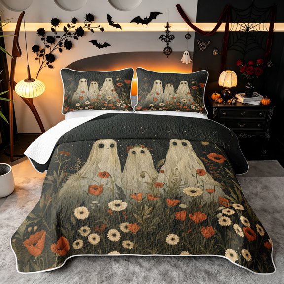 Erosebridal Halloween Ghost Twin Quilt Set, Daisy Floral Twin Coverlet Set, Cream Brown, 2 Pieces, 1 Bedspread and 1 Pillowcase