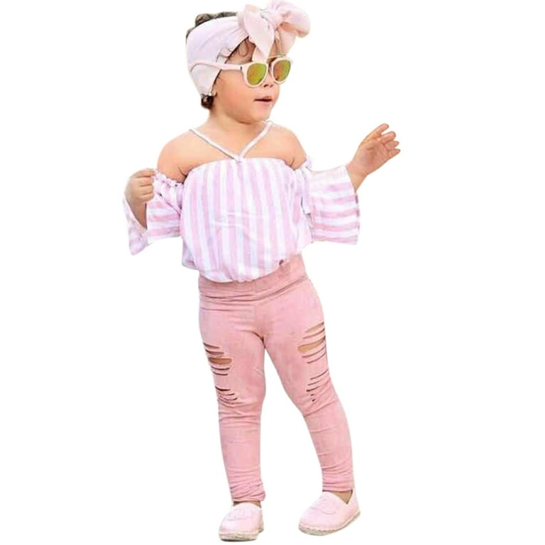 NIUREDLTD Toddler Kids Girls Off Shoulder Striped T Shirt Tops Hole Long  Pants Leggings Headwear 3PCS Outfits Set