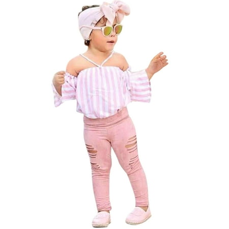 

Monogrammed Mommies Kids Dresses for Girls Size 7-8 Toddler Kids Girls Off Shoulder Striped T Shirt Tops Hole Long Pants Leggings Headwear 3PCS Outfits Set Cute Baby Girl Clothe