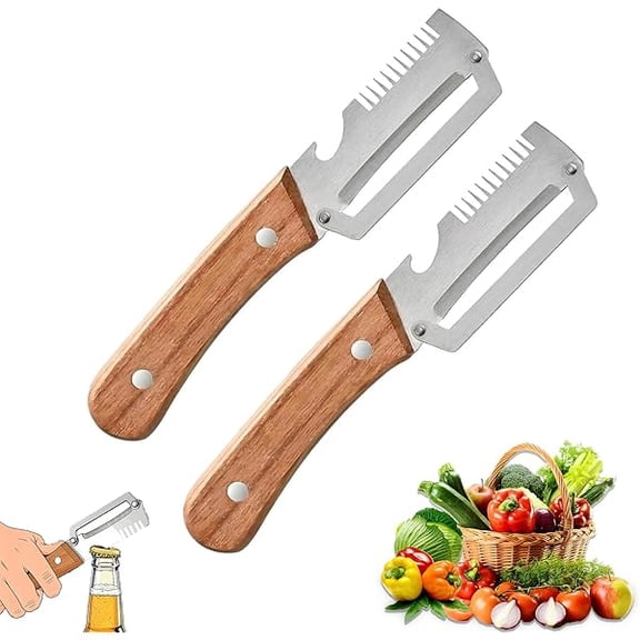 2 Pack Multifunctional Vegetable Peeler, 3-in-1 Peelers For Kitchen with Bottle Opener, Sharp Stainless Steel Swivel Blade, Wooden Handle, For Vegetables or Fruits that Need to Be Peeled