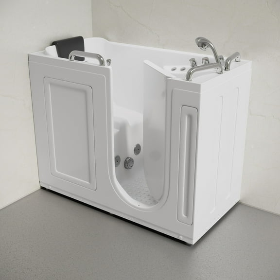 Auvergne 53" x 27" ADA Left Drain Walk-in Soaking Bathtub with Massage Jets in Glossy White, Faucet Set, Drain, Grab Bars, Pillow Included