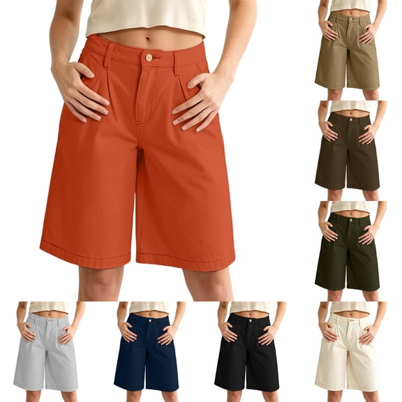 CFLVAEK Knee Length Shorts for Women with Pockets Loose Fit Wide Leg Chino Shorts Summer Casual High Waisted Beach Vacation Shorts Brown L