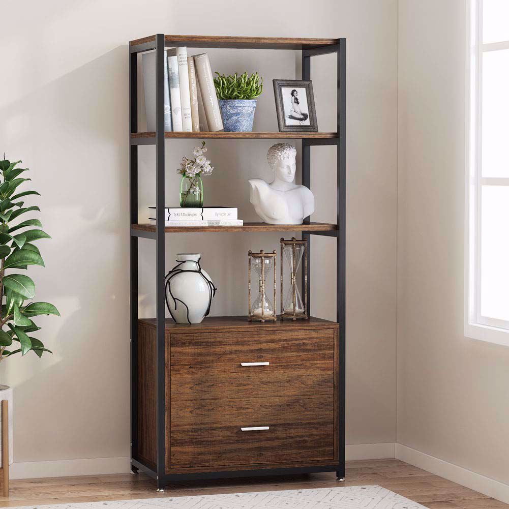 HOOSENG Bookcase with 2 Drawers Wooden Metal Frame Storage Cabinet Rustic Brown 4-Tier Open Bookshelf Organizer Rack Furniture for Living Room/Bedroom/Home Office 60 Free Standing Shelf