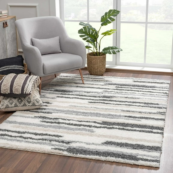 Hauteloom Lux Shag - Moroccan Farmhouse Living Room Shaggy Area Rug - Bohemian Shag Rug - Plush High Pile - Southwestern Boho Soft Carpet - Tribal Aztec - Grey, Beige - 7'10" x 10'3"