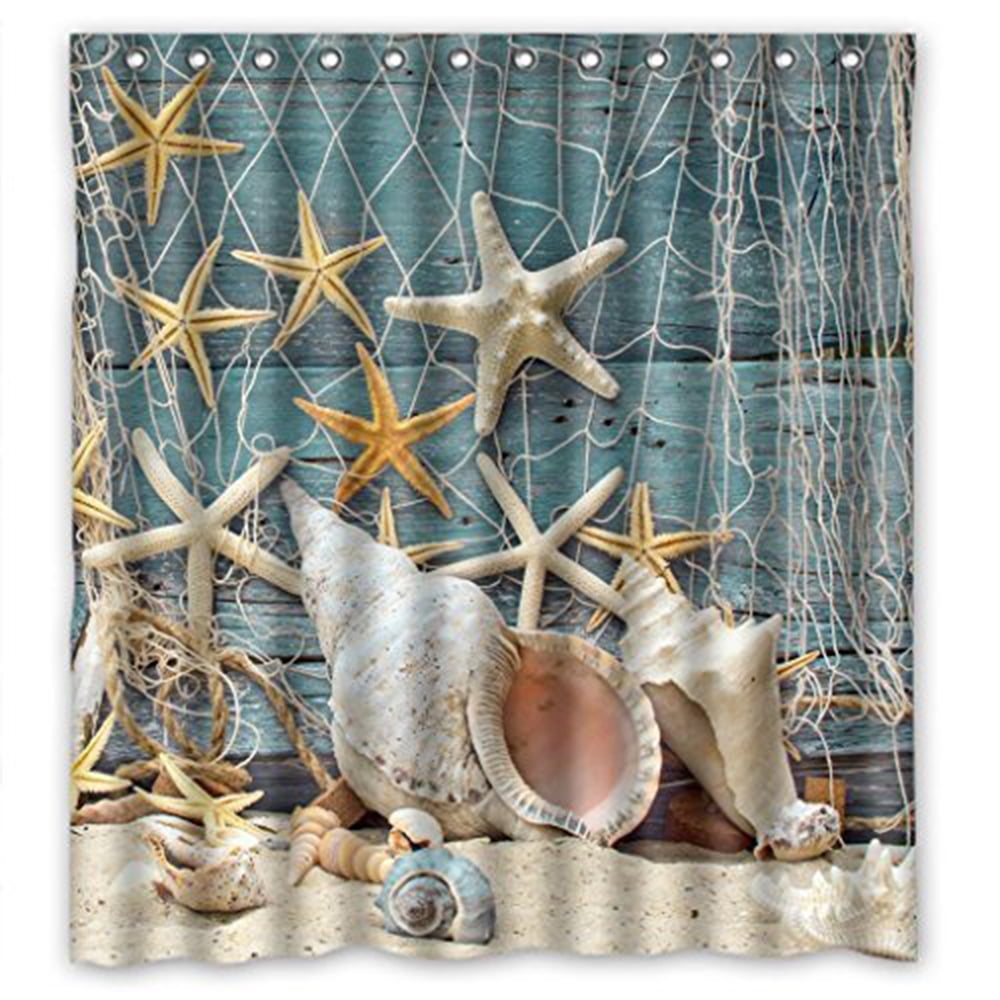 Shower Curtain，Seashell Shower Curtain Set, Sea Shells Starfish Beach