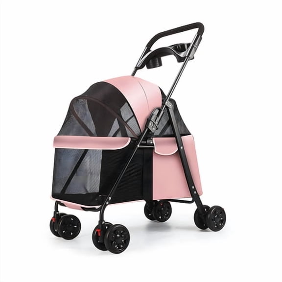 ziertyon Foldable Pet Stroller for Small Dogs Cats, Lightweight 4-Wheel Travel Jogger with Mesh Cup Holder Storage, Pink
