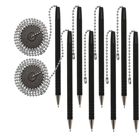 Secure-A-Pen with Adhesive, 26" Ball Chain, 2 Pack of 4 Pens (8 Pens),Rubber Grip, Black Ink and Easy To Refill