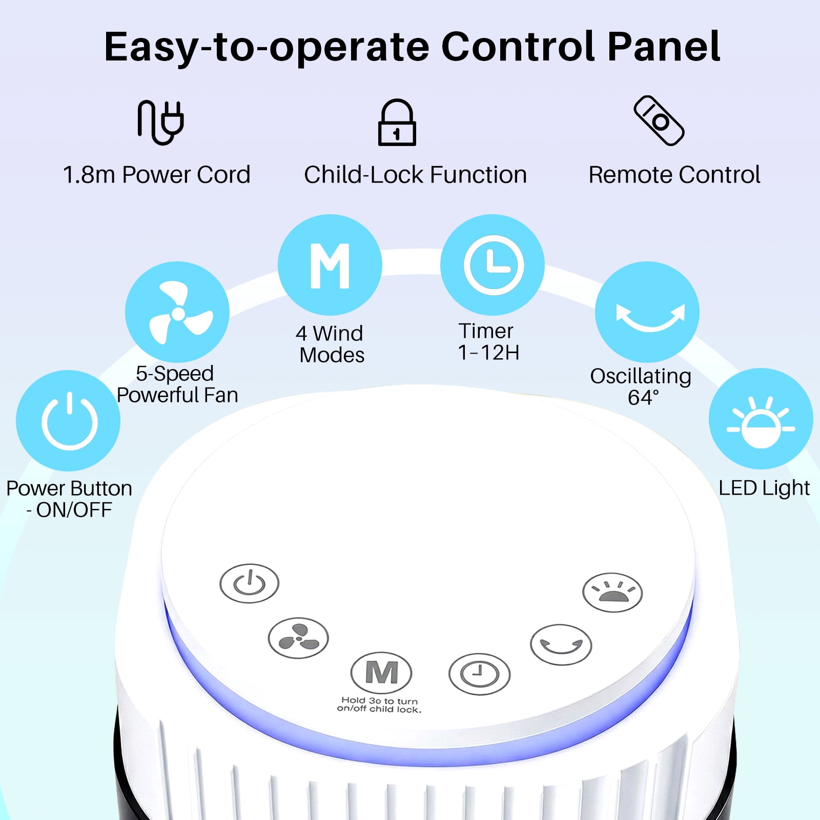 Tower Fan for Home, 64° swivel Standing Floor Fan with Remote, Bladeless Fan Cold Air Quiet, 5 Speeds, 4 Modes, LED Display, White