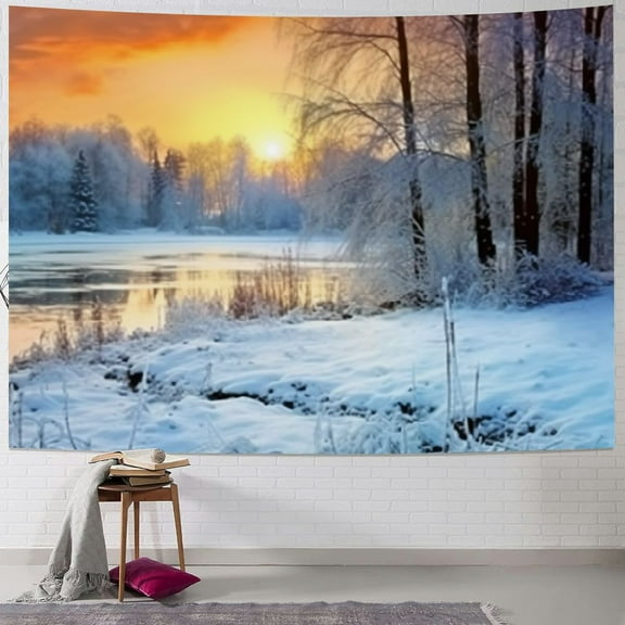 Creowell Snowy Landscape Trees Sunset Tapestry Wall Hanging Short Plush Fabric Dorm Decor 4 Sizes 40x30inch