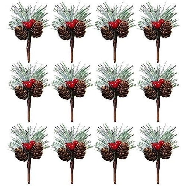 12 púas de pino artificiales, ramas de pino de Navidad, púas de corona de Navidad, pequeñas ramas de conos de pino de bayas rojas artificiales