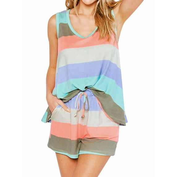 Nlife Women Stripe Tie Waist Pockets Sleeveless 2 Piece Sleepwear Set