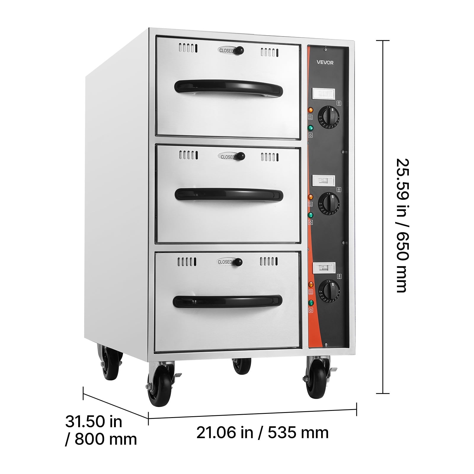 VEVOR Commercial Electric Drawer Warmer, Three-Drawer Stainless Steel Food Warmer, Freestanding Compact Warming Drawer Cabinet, 85°F–185°F Wide Temperature Range, for Restaurant,Hotel Buffet & Bakery