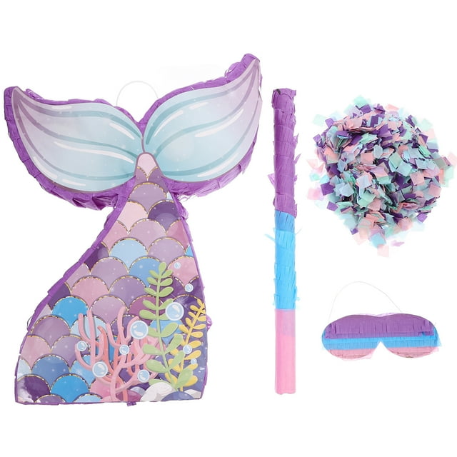 Miangastore 1 Set Mermaid Paper Pinata Birthday Mermaid Tail Pinata with Blindfold Stick Mermaid Pinata Birthday Party Candy Filled Pinata Photo Prop