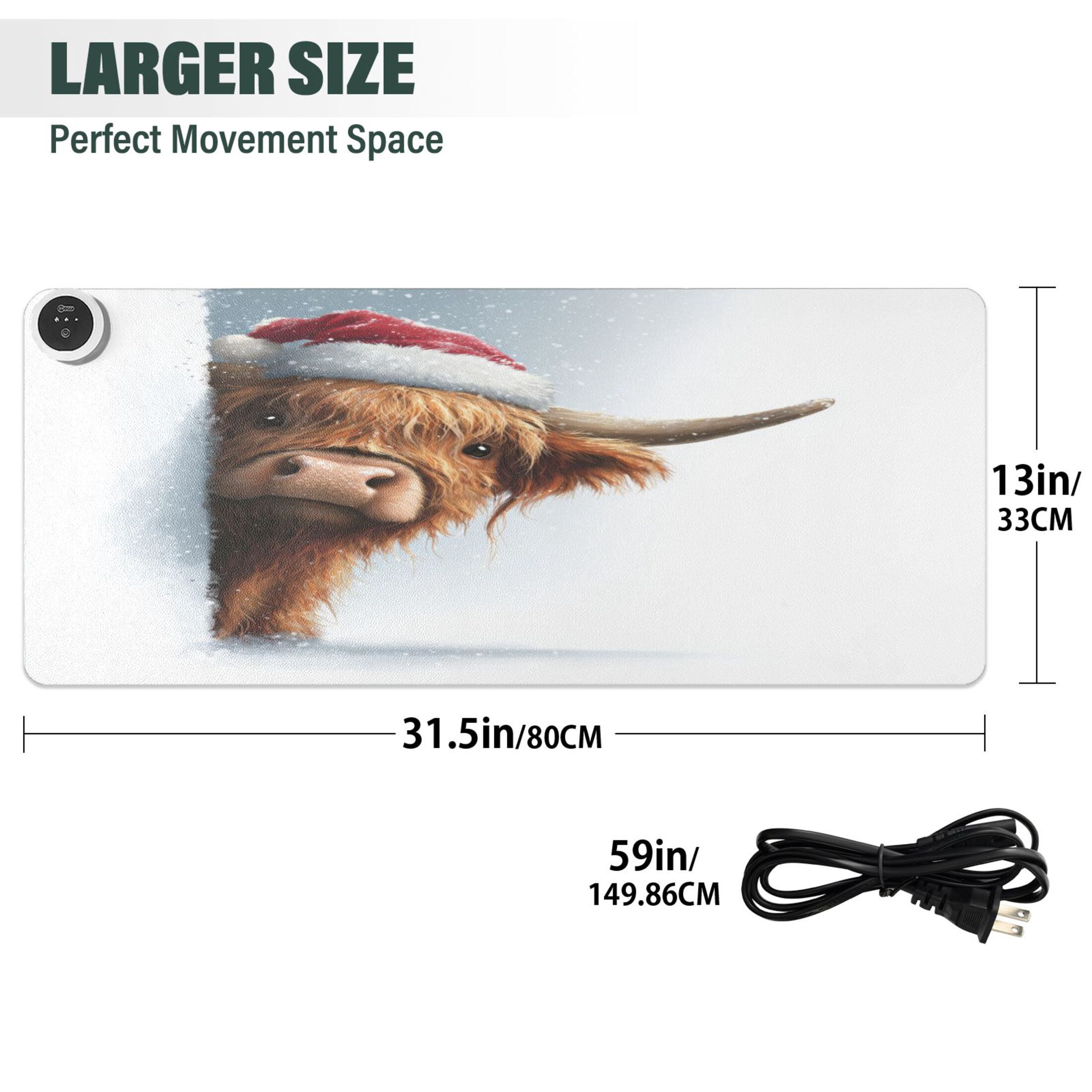 Large Heated Desk Mat Mouse Pad 31.5"x13"PU Leather Graphene Heating Desk Warmer with 3 Temperature Settings 110V US Plug Non-Slip Warm Pad for Home, Office, and Gaming Lovely Christmas Highland Cow