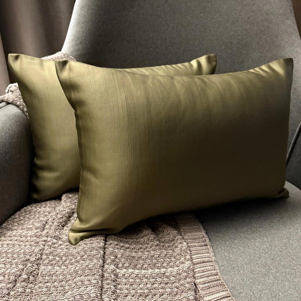 Olive Green Luxury Lumbar Pillow Cover 12"x16" | Pack of 2 Modern Satin Oblong Pillow Cover Solid | Plain Solid Pillowcases for Bed, Couch & Sofa, Modern Home Décor - Dark Green Olive Slub Satin