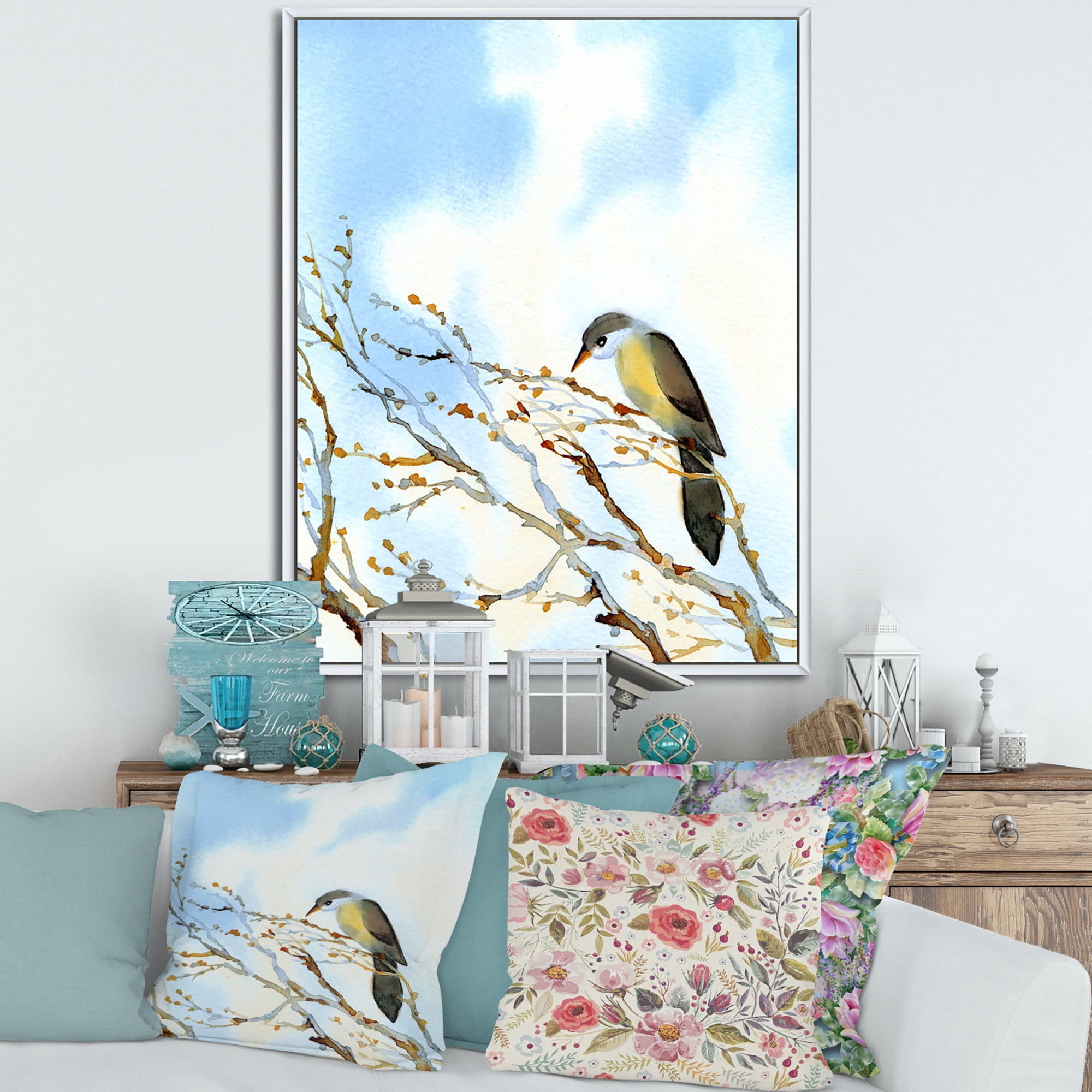 Designart 'Old Bird Sitting On Tree' Traditional Framed Canvas Wall Art Print