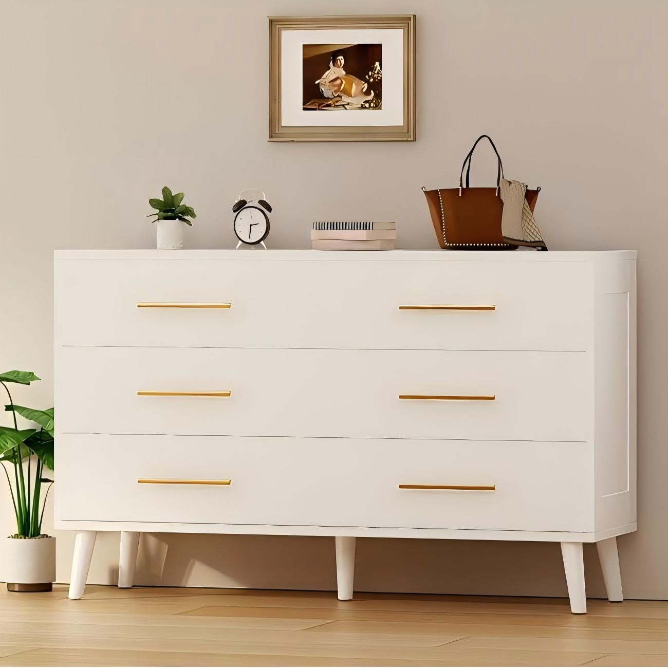 Dresser for Bedroom, Lofka 6 Double Drawers Dresser Gold Metal Handle, Deep Drawers, Smooth Metal Rail, 2-in-1 Tv Stand, White