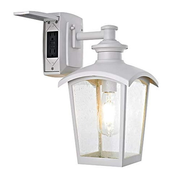 Home Luminaire Spence Collection 1-Light Outdoor Wall Lantern with Seeded Glass and Built-In GFCI Outlets, White Finish