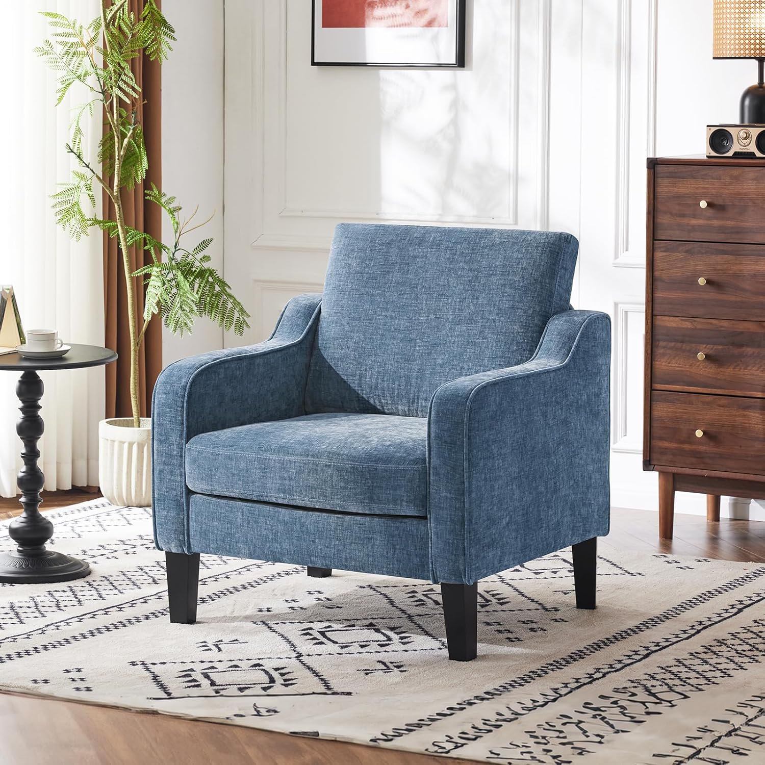 Matladin Chenille Fabric Accent Chair with Scooped Arms, Mid Century Modern Upholstered Armchair, Single Sofa for Living Room, Apartment, Office