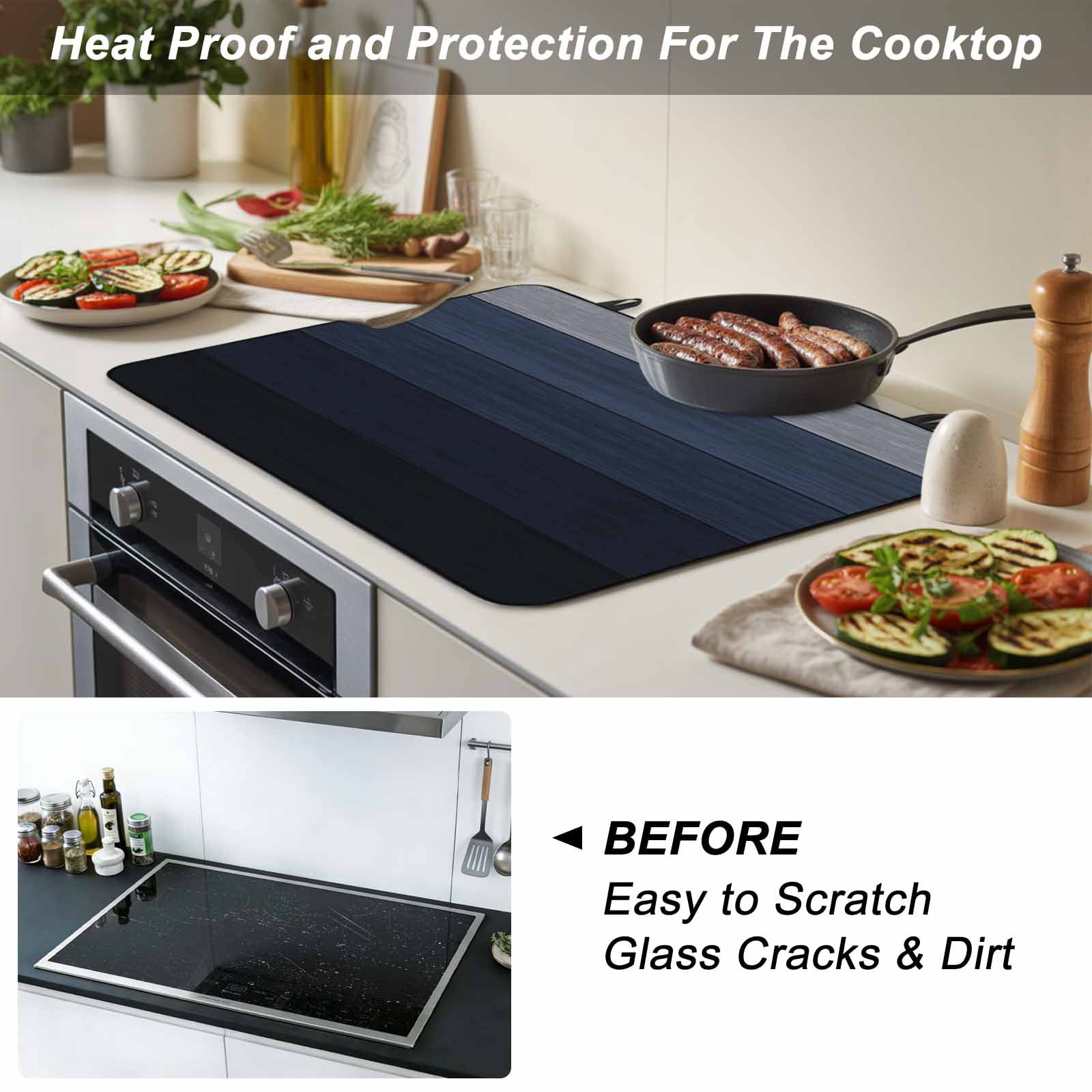 Blue Gray Stove Top Cover for Electric Stove, Heat-proof & Non Slip Glass Top Stove Cover Protector, Farmhouse Vintage Gradient Abstract Art Kitchen Flat Cooktop Rubber Mat 24x21 Inches