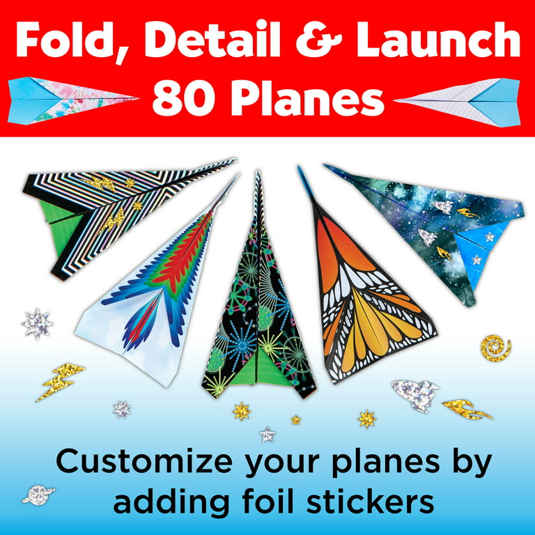  Paper Airplanes - Craft Kit, Airplane Activities for Kids, Set Includes 65 Sheets 40 Colored 25 Patterned Paper, Paper Airplane Book,  15 Easy Step Colored Designs, Large Size 8x10.5