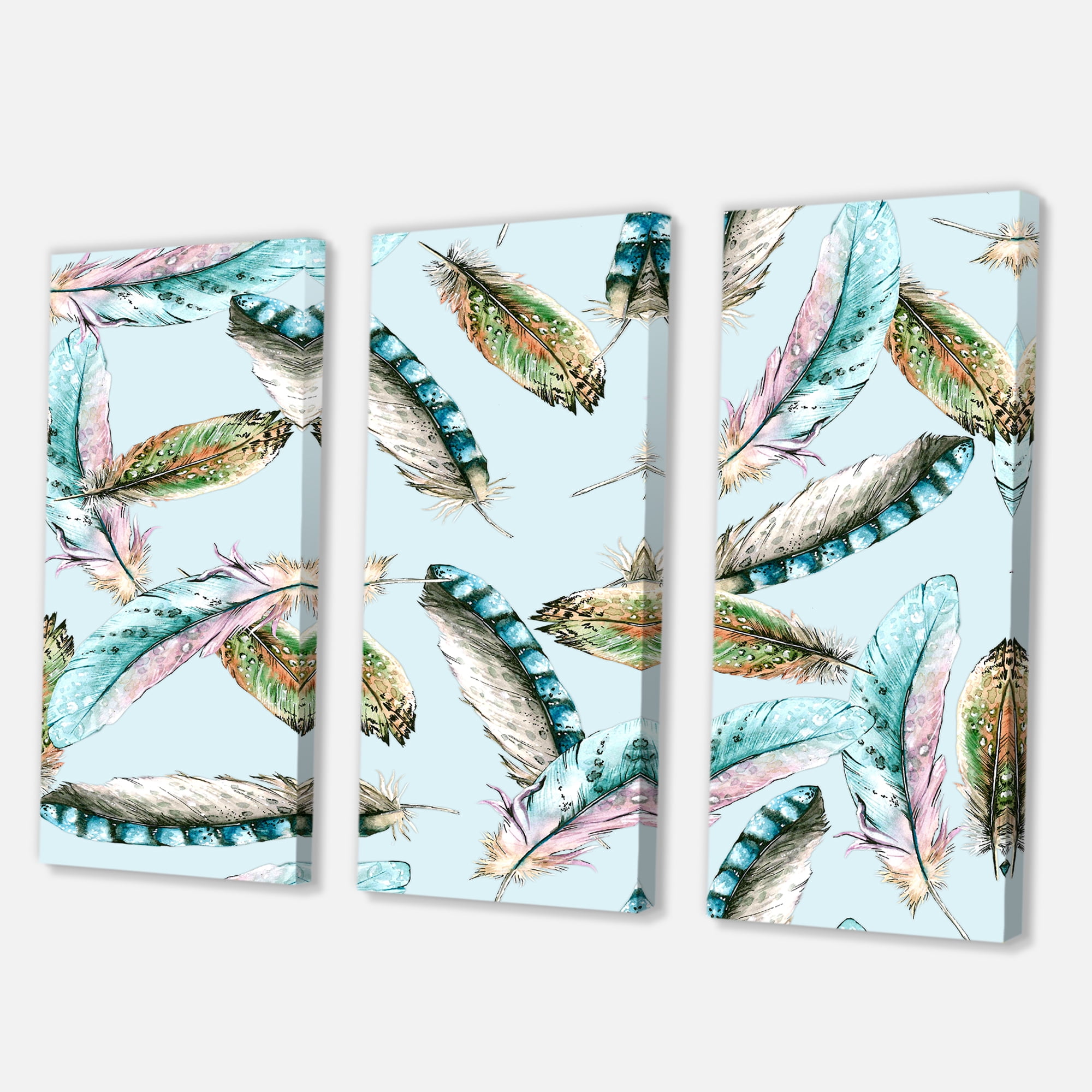 Designart ' Green Bird Feathers On Blue Background ' Bohemian & Eclectic Canvas Wall Art Print