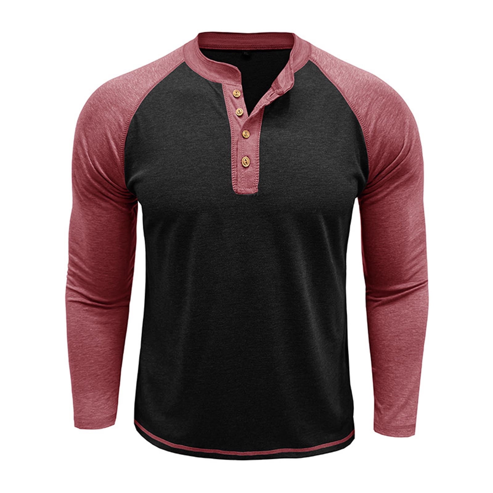 Feancey Cotton Henley Shirts for Men Raglan Long Sleeve Button Up Tshirt Color Block Fashion Baseball T-Shirts Slim Fit Casual Gym Muscle Tees Red M