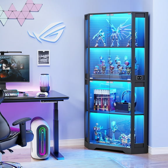 MIIFUNY Lighted Curio Cabinet with Glass Door, 65" Corner Display Cabinet with 4 Tier for Living Room, Black