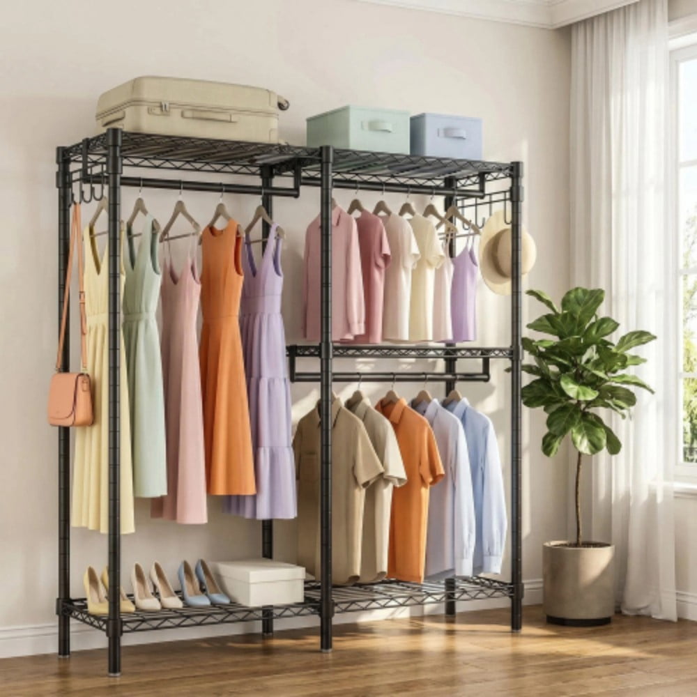 L-Shaped Garment Rack for Corner, Heavy Duty Clothes Rack with 5 Adjustable Shelves, 3 Hanging Rods & Side Hooks, Freestanding Clothing Organizer, Black
