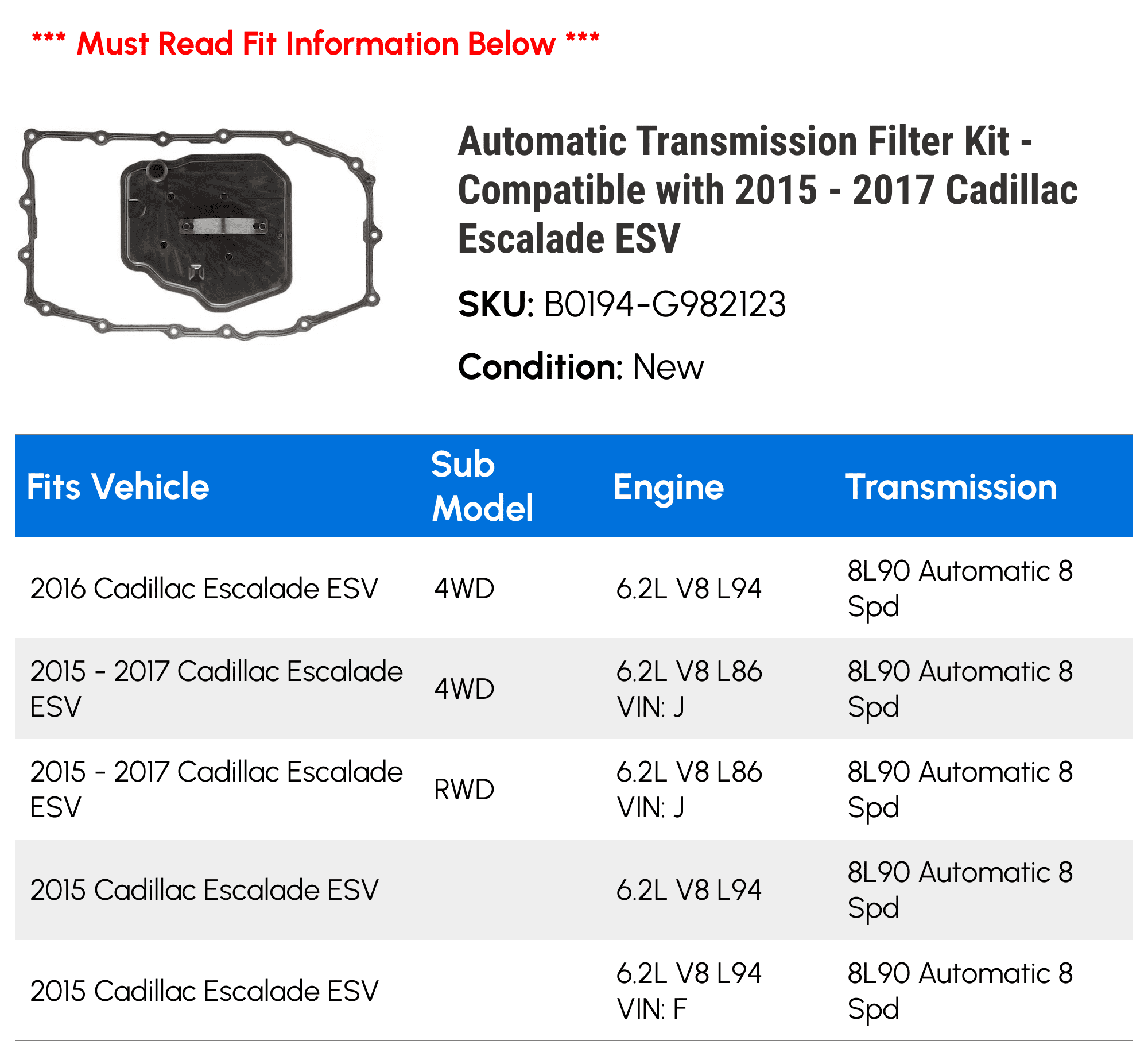 Automatic Transmission Filter Kit - Compatible with 2015 - 2017 Cadillac Escalade ESV 2016