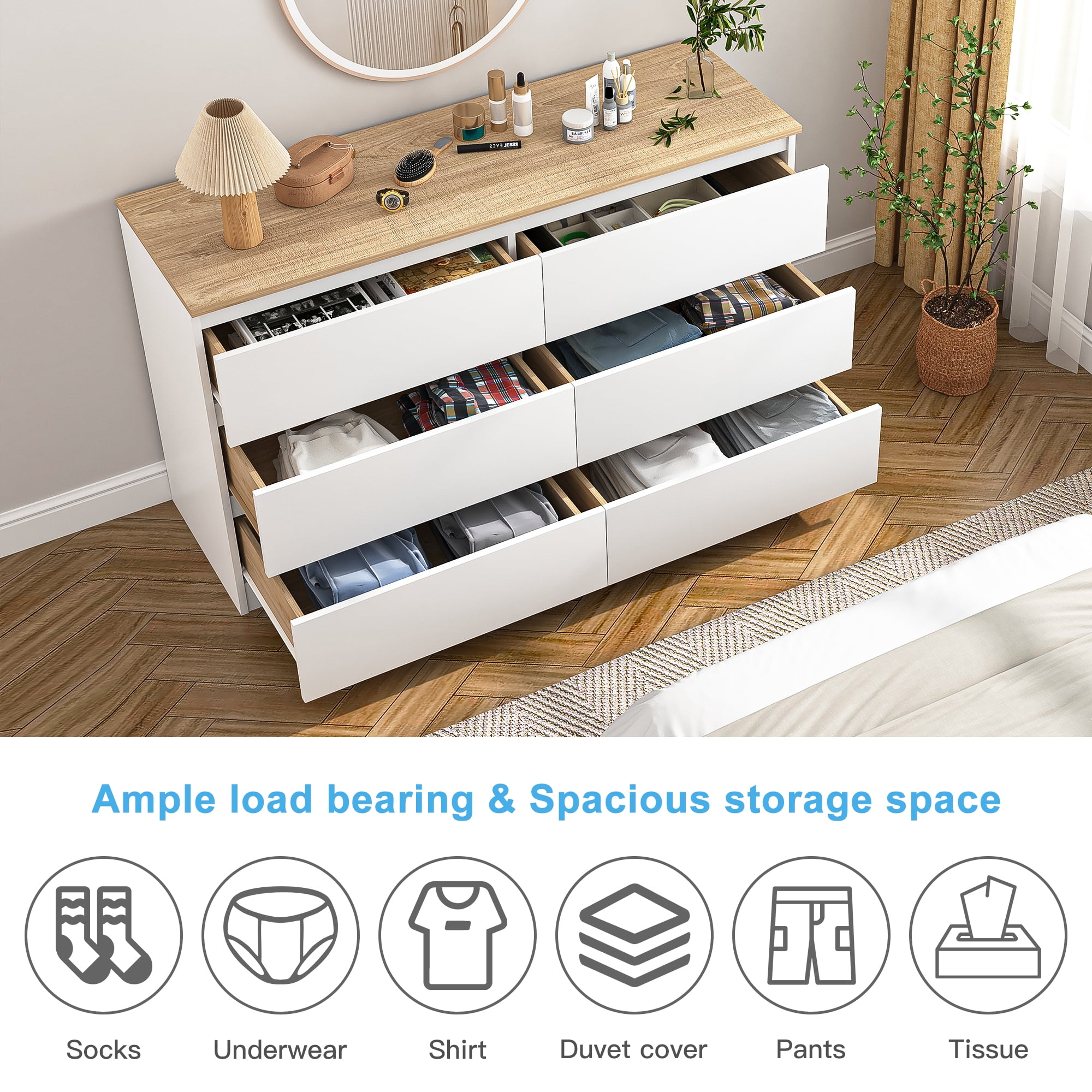 Kadyn Chest of Drawer, 6 Drawer Dresser for Bedroom, Natural Top Dresser,White Kadyn Chest of Drawer, 6 Drawer Dresser for Bedroom, Natural Top Dresser,White