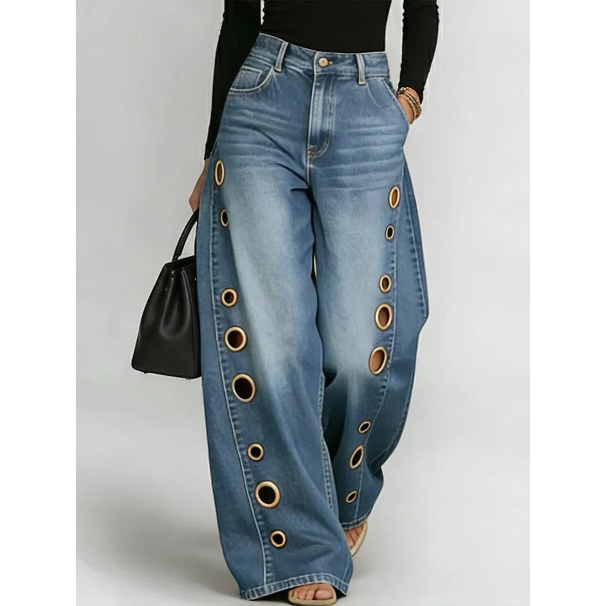 Women's Light Blue Denim Wide Leg Pants High Waist Button Zip Jeans with Gold Metal Eyelets and Side Hollow-Out Details