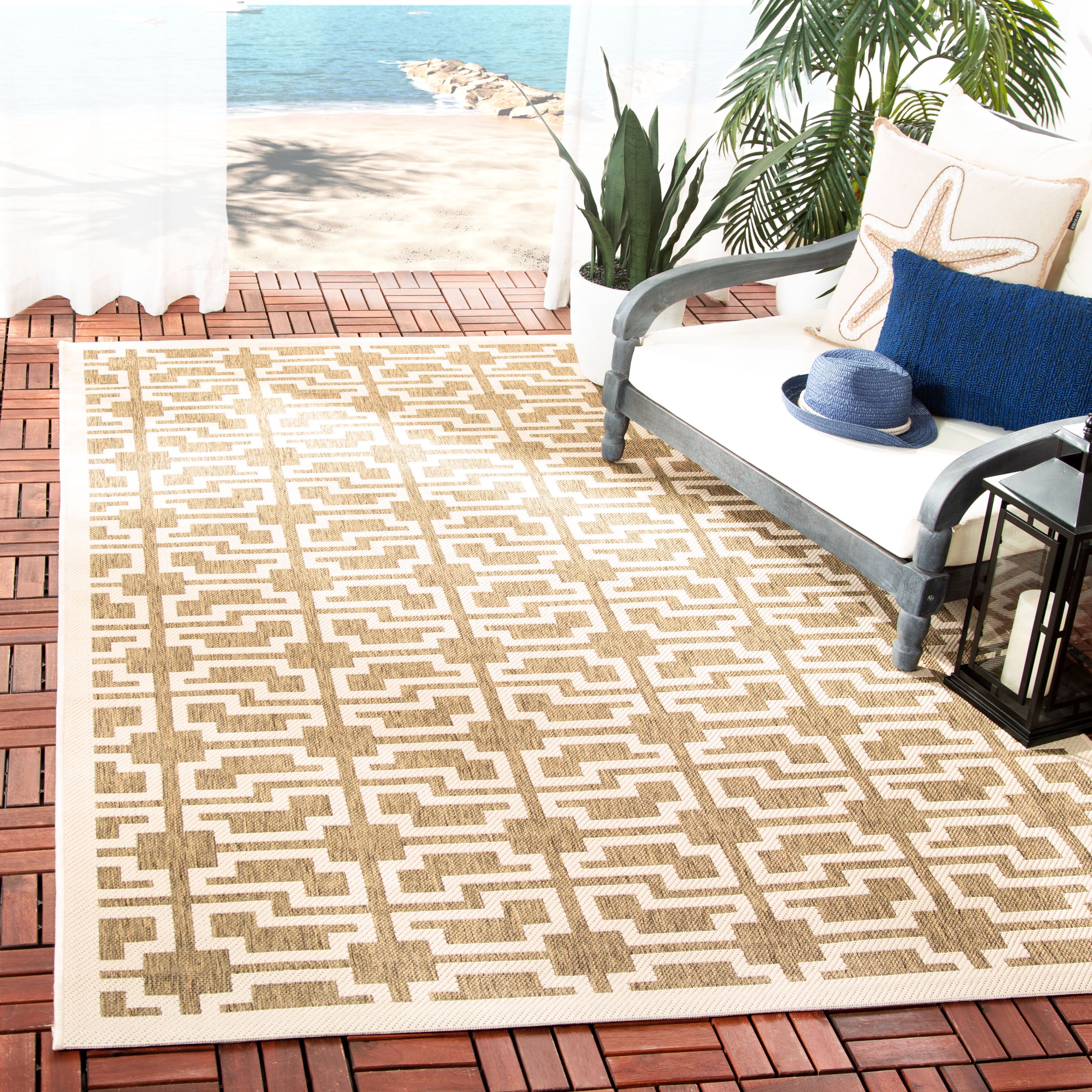 SAFAVIEH Courtyard Thurstan Geometric Indoor/Outdoor Area Rug, Mocha/Beige, 4' x 5'7"