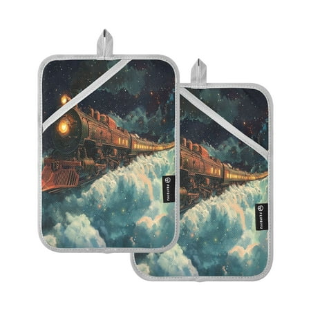 

The Train Travels in Space Square Insulation Pads 2 Piece Heat Resistant 338 Degrees F Oven Mitts for Kitchen Table BBQ Microwave and Other Cooking Occasions