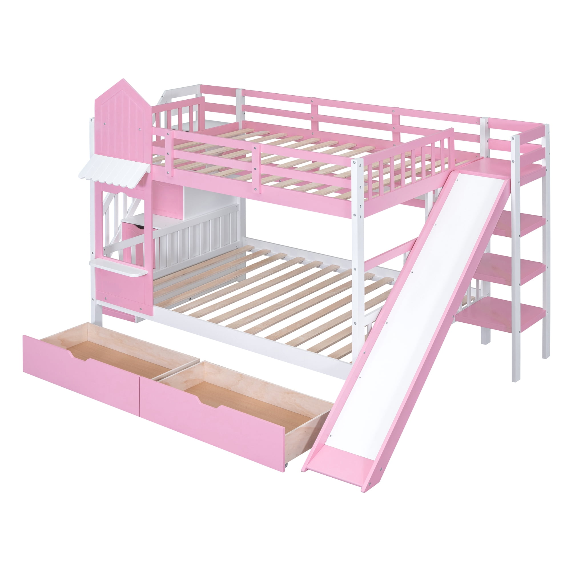 Full over Full Bunk Bed for Kids, Castle Style Bunk Beds with 2 Drawers, Slide and Storage Shelves, Solid Wood Bunk Bed Frame for Kids Girls Boys Teens