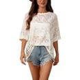 thumbnail image 3 of Lumistal Women's Mesh Top Round Neck Short Sleeve Lace Shirt for Women See Through T Shirt Party Club Night Lace Blouse Summer Music Festival Outfit White M, 3 of 6