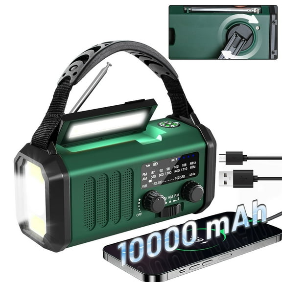 Geemuslly 10000mAh Hand Crank Emergency Radio,NOAA/AM/FM Weather Radio with Type-C Charge, Solar Charging, SOS, 3 Modes LED Torch, Reading Lamp, Compass for Camping, for Indoor Outdoor Emergencies