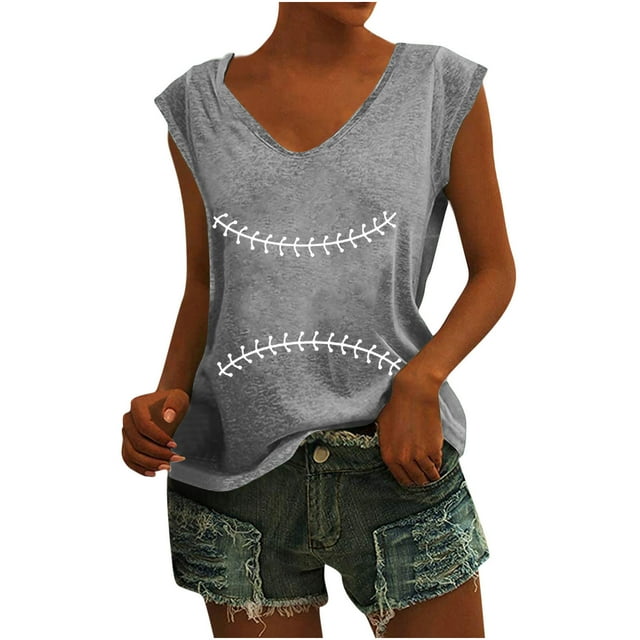 Camisetas sin mangas con cuello en V de verano para mujer, camisetas de manga corta con estampado de elementos de béisbol Retro OAVQHLG3B Store lin121212