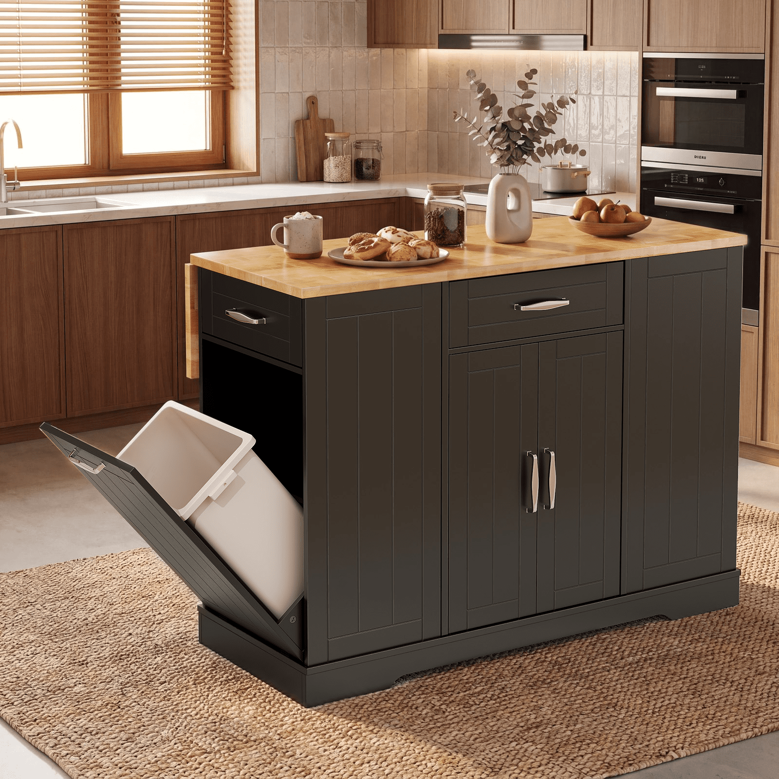 ROGALIS 47"Kitchen Island with 2 Chair, Stationary Island Table with Power Outlet, USB Ports, Spice Rack, Trash Cabinet, and Foldable Drop Leaf for Home Bar or Dining Room,Black