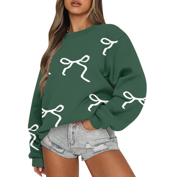 Women Sweatshirt Oversized Bow Printed Y2K Pullovers Crew Neck Long Sleeve Pullover Tops 2026 Trendy Spring Outfits