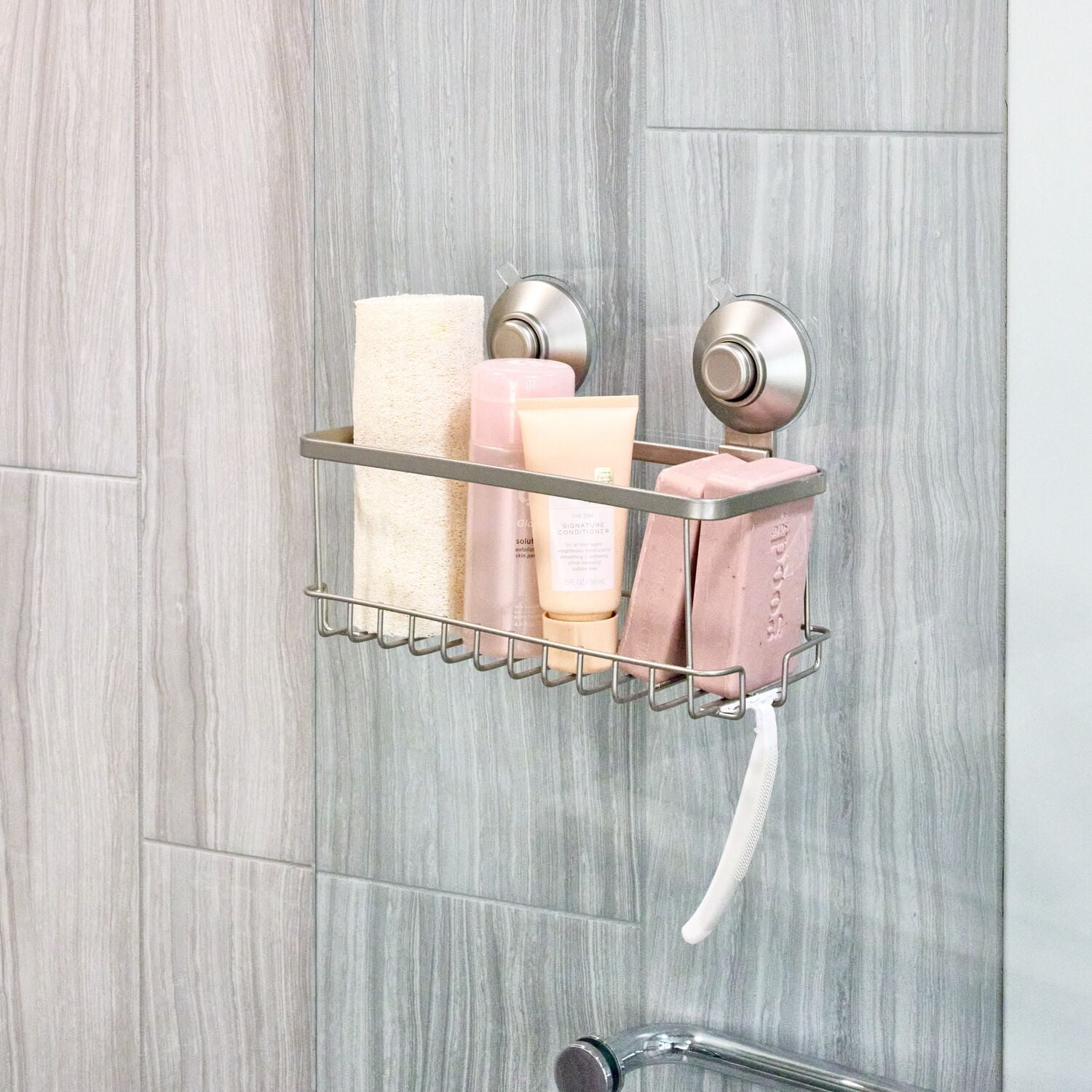 iDesign Everett Metal Push Lock Suction Shower 1-Shelf Caddy Organizer, Satin