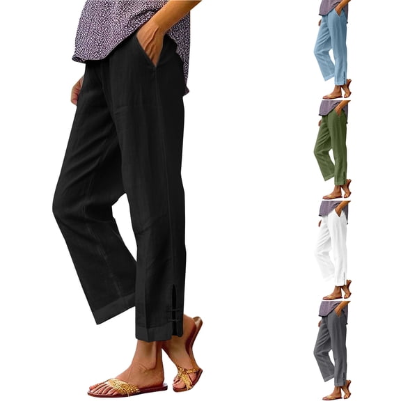 Nkmbld Women's Linen Pants Plus Size Elastic Waist Summer Beach Vacation Casual Trousers with Pockets,Sizes S-5XL