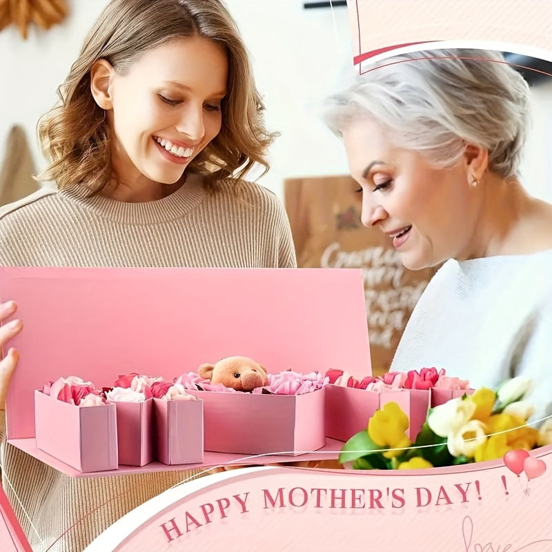 1 Sets Mother's Day Mom Flower Gift Box Red/Black/Pink with 18'' x 7.7'' x 2.7'' Empty MOM Letter Shaped Box Gift Bags Greeting Cards for Mother's Day Birthday Flower and Arrangements