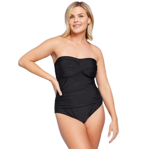 Kona Sol Women's Twist-Front Bandeau Classic One Piece Swimsuit with Tummy Control - (US, Alpha, Large, Regular, Regular, Black)