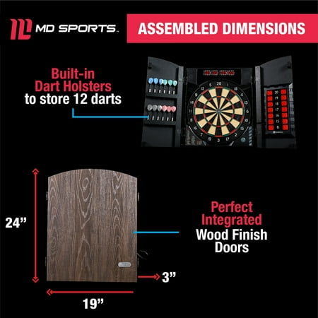 MD Sports - Bristlesmart Smart Dartboard Cabinet With Digital X/O Cricket Scorekeeping and  Steel Tip Dart Set - Brown/Black